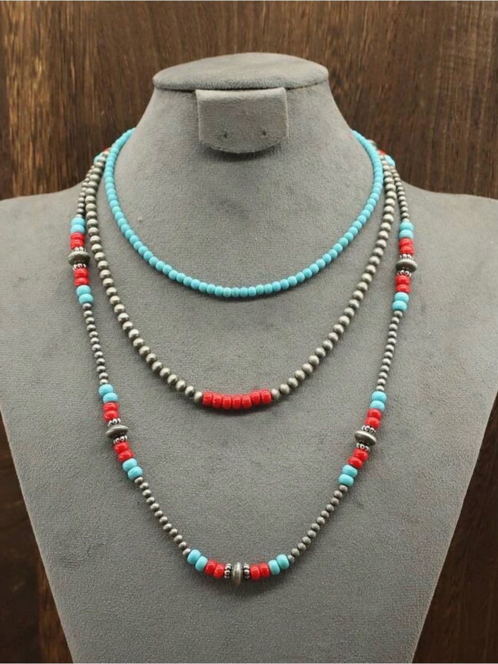 SHEIN Turquoise and Red Layered Beaded Necklace with Silver-Tone Beads